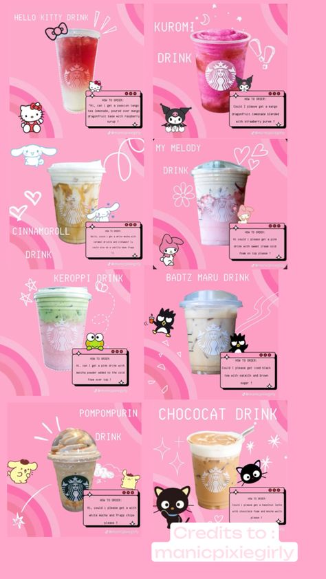 Sanrio Drinks, Starbucks Copycat Recipes Drinks, Starbucks Drink Menu, Starbucks Drink Ideas, Starbucks Copycat Recipes, Starbucks Secret Menu Recipes, Cold Starbucks Drinks, Fun Drink Recipe, Secret Starbucks Recipes