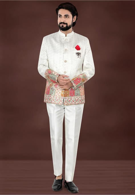 Embroidered Art Silk Jacquard Jodhpuri Suit in Cream Jodhpuri White Suits For Men, Latest Indowestern Outfits For Men, White Suits For Men, White Jodhpuri, Indowestern Outfits For Men, Indowestern Outfits, Mens White Suit, Wedding Clothes For Men, Mens Party Wear