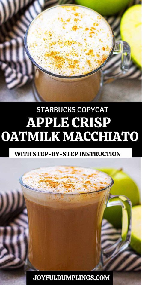 Apple Crisp Oatmilk Macchiato (Starbucks Copycat) Apple Crisp Latte Recipe, Apple Latte Recipe, Apple Crisp Oat Milk Macchiato Recipe, Oatmilk Creamer Recipe, Iced Apple Crisp Oatmilk Shaken Espresso, Apple Crisp Oatmilk Macchiato Starbucks, Starbucks Oatmilk Drinks, How To Make Apple Crisp Macchiato, Iced Apple Crisp Oatmilk Macchiato