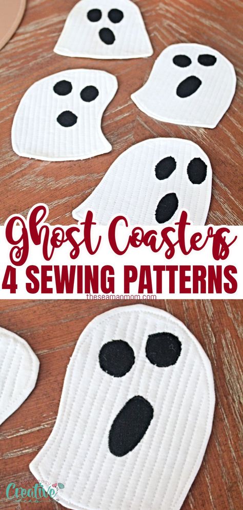 GHOST COASTERS SEWING PATTERN IN FOUR DESIGNS Coasters Sewing, Scrap Sewing Projects, Halloween Sewing Crafts, Fun Halloween Ideas, Free Bag Patterns, Fabric Sewing Ideas, Free Sewing Projects, Sewing Creations, Halloween Sewing