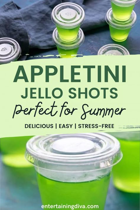 Green Apple Jello Shots, Apple Jello Shots, Holiday Jello, Green Apple Vodka, Best Jello Shots, Jello Shots Vodka, Jello Shooters, Jello Shots Recipe, Jello Shot Cups