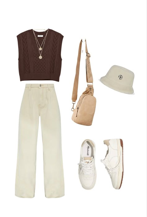 Cream Vest Outfit, Brown Vest Outfit, Cream Jeans Outfit, Cream Bucket Hat, Cream Pants Outfit, Beige Pants Outfit, Colored Pants Outfits, Corduroy Pants Outfit, Cream Outfit