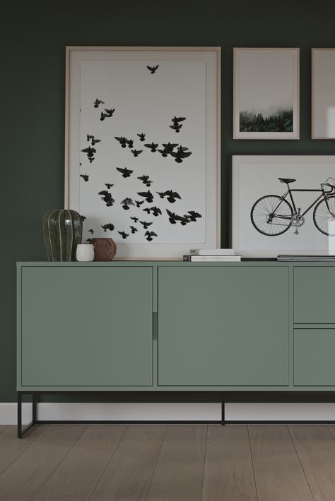 Lipp sideboard in colour Misty green Sage Green Sideboard, Sideboard Alternative, Sage Sideboard, Dining Room Sideboard Ideas Modern, Coloured Sideboard, Sideboard Designs Modern, Sideboards Living Room Inspiration, How To Style A Sideboard, Sideboard Wall