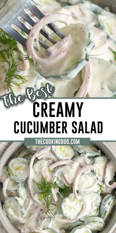 Looking for a fast and refreshing salad fix? You've got to try this Creamy Cucumber Salad! With just under 10 ingredients, it's all about crunchy cucumbers and tangy sour cream. It's simple, delicious, and the perfect sidekick for any meal! Cucumbers And Sour Cream, Cucumber Recipes Easy, Easy Creamy Cucumber Salad, Creamed Cucumber Salad, Cucumber Salad Dressing, Cucumber Salad Vinegar, Easy Cucumber Salad, Creamed Cucumbers, Cucumber Salad Recipe