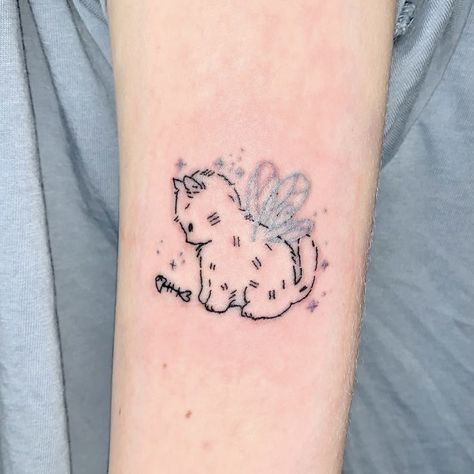 Kitty With Wings Tattoo, Fairy Cats Tattoo, Cute Cats Tattoo, Winged Cat Tattoo, Kitty Fairy Tattoo, Cat With Fish Tattoo, Cat With Fairy Wings Tattoo, Angel Kitten Tattoo, Y2k Cat Tattoo