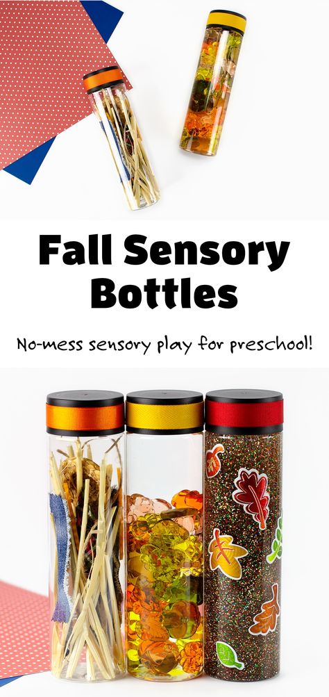 Fall Sensory Bottles For Toddlers, Fall Sensory Table Preschool, Fall Sensory Bottles Preschool, Apple Sensory Bottle, Autumn Sensory Bottles, Fall Sensory Bin Ideas, Fall Sensory Bottles, Reggio Activities, Sensory Bottles For Toddlers