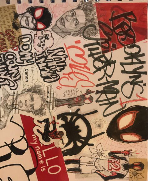 Spiderman Page Sketchbook, Miles Morales Sketchbook Ideas, Spiderverse Sketchbook Page, Sketchbook Cover Art Inspiration, Spiderman Sketchbook Ideas, Spider Man Scrapbook, Spiderman Sketchbook Page, Spiderman Into The Spiderverse Art Style, Spiderman Across The Spider Verse Art