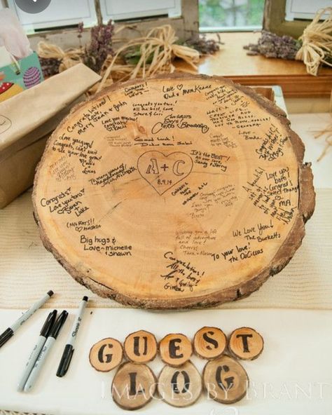 Log Guest Book Wedding, Guest Log Wedding, Log Wedding Decorations, Rustic Nature Wedding, Log Wedding Decor, Rustic Guest Book Ideas For Wedding, Wedding Guest Signature Ideas, Camping Wedding Ideas, Rustic Wedding Guest Book Ideas