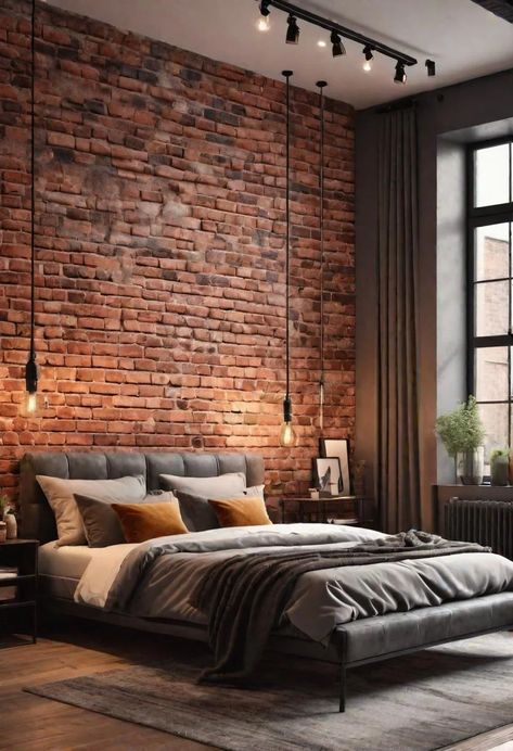 35 Stunning Bedroom Accent Walls for a Cozy Makeover 44 Industrial Feature Wall Ideas, Brick Wall Accent Bedroom, Wooden Accent Wall Bedroom, Brick Wall Interior Bedroom, Brick Wall In Bedroom, Brick Wall Bedroom Ideas, Brick Bedroom Ideas, Brick Wall Room, Bedroom Brick Wall