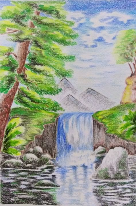 Colour Pencil Art Landscapes, Scenery Drawing Pencil, Crayons Artwork, Pencil Sketches Landscape, Colored Pencil Art Projects, Drawing Scenery, Buddhist Art Drawing, Color Pencil Sketch, Nature Art Drawings