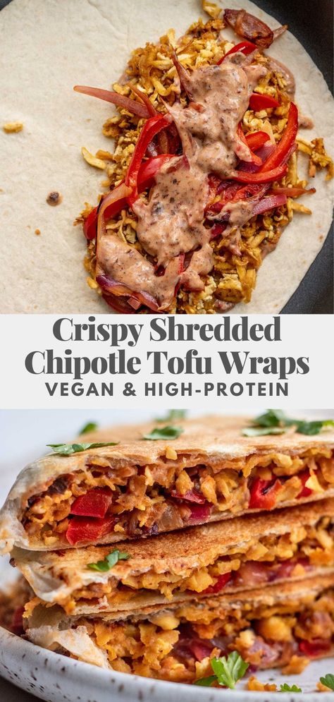 These Crispy Shredded Chipotle Tofu Wraps have a crispy chewy tofu filling coated in delicious smoky flavors. Easy to make and a great high-protein plant based option. Best Vegan Wraps, High Protein Vegetarian Wraps, Tofu Veggie Wrap, Vegan High Protein Wrap, Tofu Work Lunch, Tofu Wraps Vegetarian, Vegan Tofu Wrap, Vegan Dinner Protein, Shredded Tofu Wrap