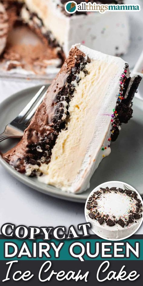 If you love Dairy Queen Ice Cream Cake, but you’re looking to save some money, this recipe is for you! My Copycat Dairy Queen Ice Cream Cake nails that authentic DQ flavor, but this frozen cake is much cheaper to make at home. I've Cream Cake Recipe, M&m Ice Cream Cake, Layered Ice Cream Desserts, Homemade Ice Cream Cake Birthdays, Ice Cream Cake Dairy Queen, Ice Cream Desserts Recipes, Best Ice Cream Cake Recipe, Homemade Icecream Cake, Cake Ice Cream Cones