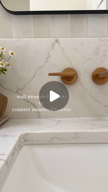 Bernice on Instagram: "apart from the aesthetic appeal of a wall mounted faucet being more sleek and modern, what i would consider HUGE pros are that they free up counter space and are so easy to keep clean by avoiding the water splashes and pooling that happens with counter mounted faucets!   ✅Pros: aesthetic appeal, free up counter space, easy to keep clean, avoids messes, can make for a custom look, can work with floating or statement sinks  👎Cons: needs professional installation, cost of installation, plumbing work needed, the height and depth need to be paid attention to to avoid splashing   I just detailed these pros and cons for each in terms of functionality, installation and cost implications, in my most recent blog article   👉comment INFO for the article  to be sent to you, or Bathrooms With Wall Mounted Faucets, Faucet In Wall Bathroom, Wall Mounted Faucet Bathroom, Wall Faucet Bathroom, Quarts Counter Tops, Modern European Home, Wall Mounted Faucet, Wall Faucet, Wall Mounted Taps