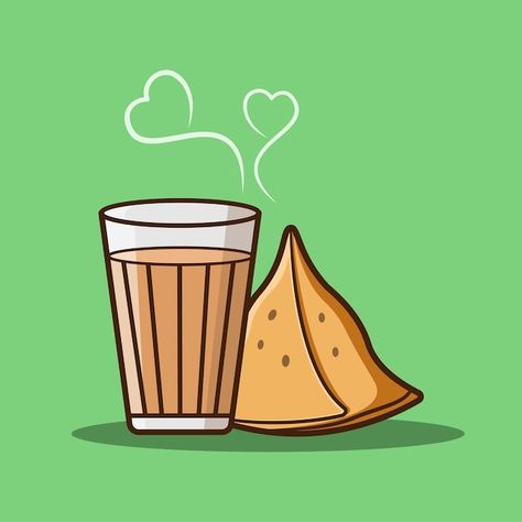 Chai Samosa Illustration, Indian Chai Photography, Chai Art Illustration, Cute Tea Drawing, Cute Tea Cup Drawing, Chai Cartoon, Tea Cute Drawing, Chai Illustration Indian, Indian Food Cartoon