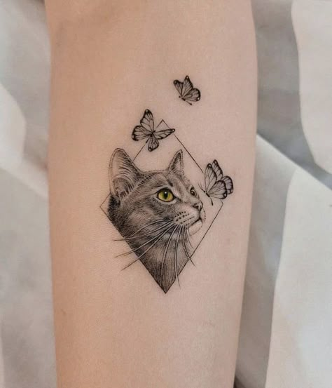 Framed Cat Tattoo, Cat Tattoo Designs Memorial, Gray Cat Tattoo, Cat Tattoos Memorial, Tattoos For Cats That Passed, Cat Tribute Tattoo, Black And White Cat Tattoo, Pet Cat Tattoo, Cat Remembrance Tattoo