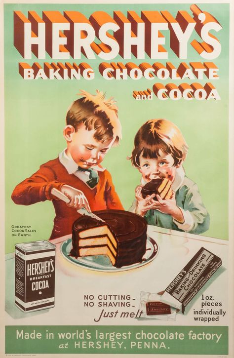 c. 1934 Vintage Hershey's Baking Chocolate & Cocoa Poster | Cottone Chocolate Ads, Chocolate Advertisement, Baking Poster, Vintage Food Posters, Hersheys Chocolate, Advertisement Poster, Baking Chocolate, Vintage Baking, Vintage Poster Design