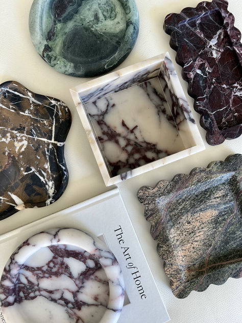 USE CODE 'PINTEREST15' for 15% off your purchase!   Handcrafted from all-natural honed calacatta viola marble, this breathtaking catch all offers a luxurious way to organize daily essentials on your vanity, coffee table or entry way. Derived from solid slabs of stone, our round trays are sturdy and substantive and a one of a kind must have piece for your home.   Overall Dimensions: 8" D Green Marble Mood Board, Marble Tray Decor, Scallop Tray, Marble Objects, Forest Green Marble, Verde Marble, Coloured Marble, Marble Home Decor, Stone Tray