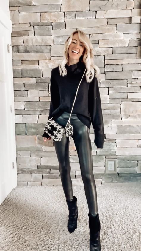 5 Ways to Wear Faux Leather Leggings • hey, it's jenna Black Leggings Professional Outfit, Faux Leather Leggings Concert, Leather Leggings Outfit Date Night, Faux Leather Leggings With Boots, How To Wear Leather Leggings, Shoes To Wear With Leather Leggings, Leather Leggings With Boots, Faux Leather Leggings Outfit Dressy, Leather Leggings Outfit Night Going Out