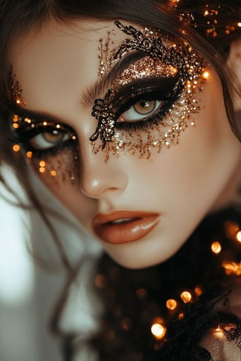 Eye Makeup Drawing, Halloween Makeuo, Masquerade Mask Makeup, Glitter Halloween Makeup, Glitter Photoshoot, Halloween Hunt, Steampunk Makeup, Masquerade Makeup, Witchy Makeup