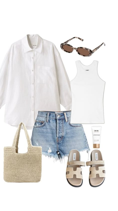 Summer outfit idea, beige sandals, crochet bag,white shirt, jean shorts, fashion inspiration, fit inspo White Shirt Jean Shorts, Crochet Bag White, White Shorts Outfit Summer, Jean Short Outfits, Outfit Verano, Outfits For Mexico, Beige Sandals, Summer Shorts Outfits, Summer Ootd