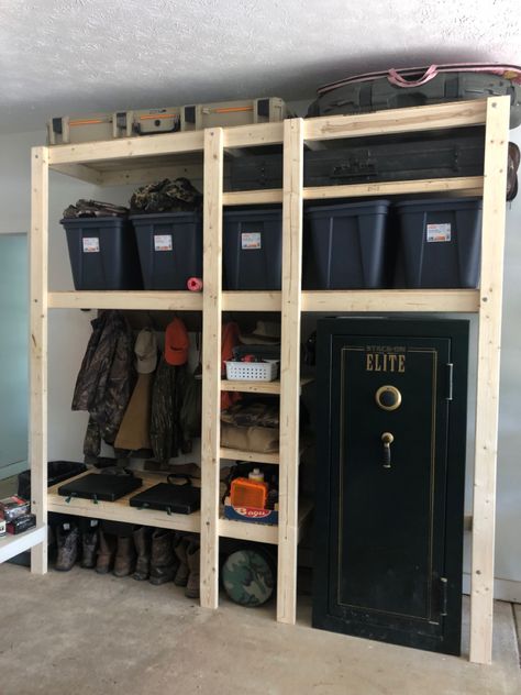 Organizing Fishing Gear, Hunting Stuff Organization, Snowshoe Storage Garage, Clothes Storage Basement, Western Home Organization, Hunting Storage Ideas Garage, Organize Hunting Gear Storage, Police Storage At Home, Hunting Boot Storage