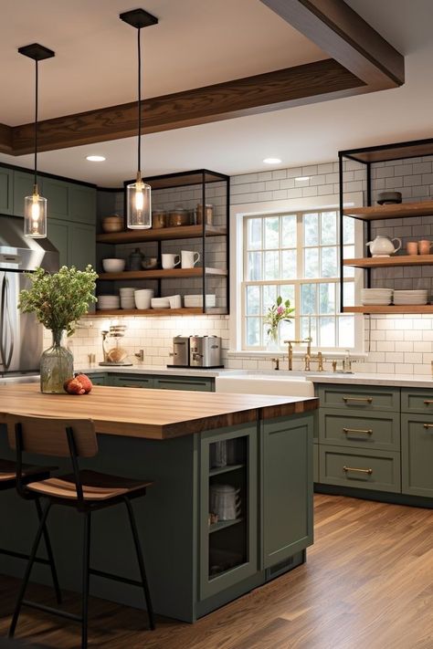 Kitchen Trends 2024, Kitchenette Design, Farmhouse Dining Room Decor, Dark Green Kitchen, Scandinavian Kitchen Design, Modern Farmhouse Bathroom, Farmhouse Kitchens, Farmhouse Kitchen Design, Rustic Farmhouse Kitchen