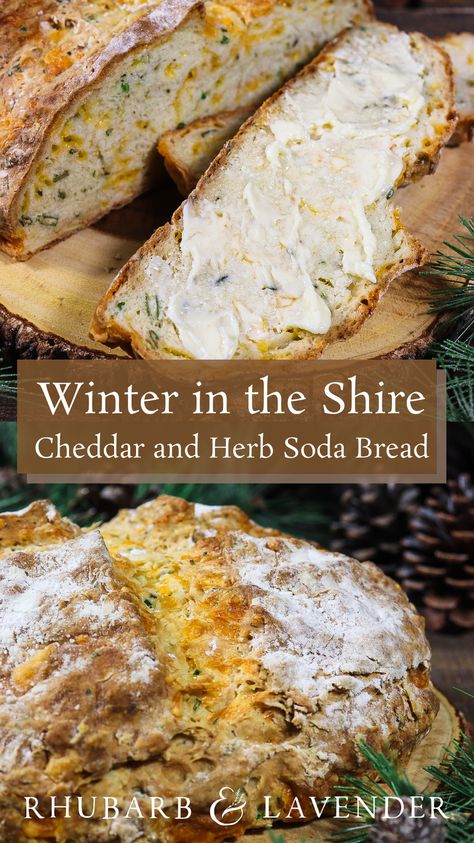 Freshly baked soda bread flavoured with sharp cheddar cheese and a blend of fresh herbs is best served warm straight from the hearth of a cozy hobbit hole in the Shire. Hobbit Day, Hobbit Food, Medieval Recipes, Creamy Mushroom Soup, Bread Serving, Hobbit Hole, Creamy Mushroom, Soda Bread, The Shire