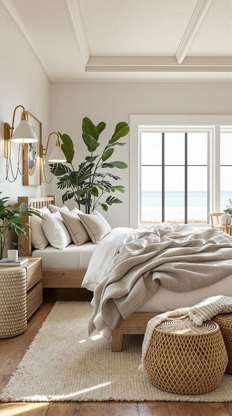 Coastal Master Bedroom Master Bedrooms Coastal, Beach Villa Bedroom, Coastal Master Bedrooms Decor, Green Coastal Bedroom, Modern Beach Bedroom, California Coastal Bedroom, Coastal Guest Bedroom, Costal Bedroom, Calming Coastal