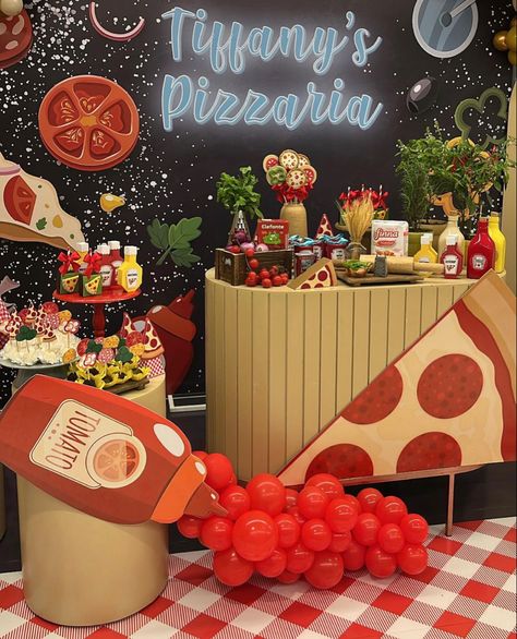 Pizza Event Ideas, Pizzeria Themed Birthday Party, Pizza Party Backdrop, Pizza Parlor Party, Pizzeria Birthday Party, Italian 1st Birthday Party, Italy Birthday Theme, Italy Themed Birthday Party, Italy Decorations Party