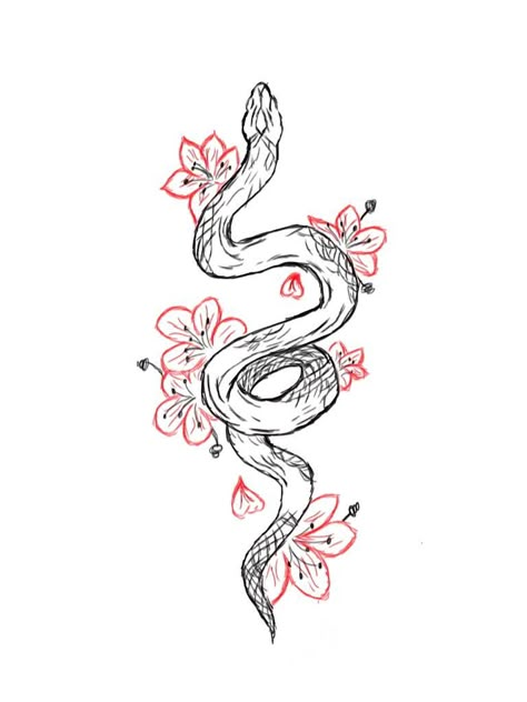 Wrap Around Wrist Tattoos Snake, Snake With Cherry Blossom Tattoo, Snake And Cherry Blossom Tattoo, Red Black Tattoo Ideas, Black Snake Drawing, Girly Snake Tattoo, Black And Red Tattoos For Women, Cool Flower Tattoos, Cool Snake Tattoos