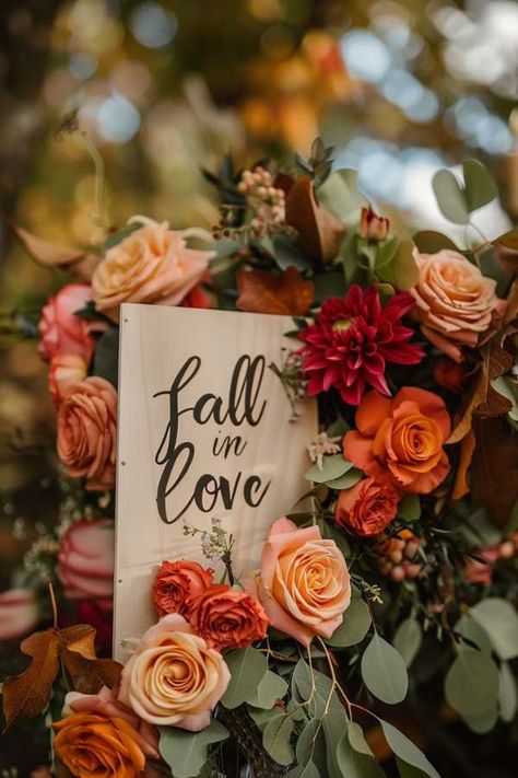 Fall in Love Bridal Shower Welcome Sign Fall Bridal Shower Table Centerpieces, Bridal Shower Decor Fall, Fall In Love Bridal Shower Centerpieces, Fall In Love Theme Bridal Showers, Bridal Shower Themes For October, Bridal Shower Fall In Love, Fall In Love Shower Theme, Fall In Love Engagement Party Decor, Fall Into Love Bridal Shower Theme