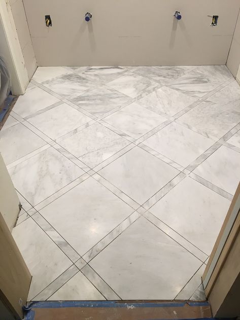 How We Got Our High-end Bathroom Floor Tile Design For (Almost) Free. Kitchen Flooring With White Cabinets, Chevron Floor Tile, Best Bathroom Flooring, Marble Bathroom Floor, Bathroom Floor Tile, Signal Hill, Floor Pattern, Shower Floor Tile, Marble Tile Floor