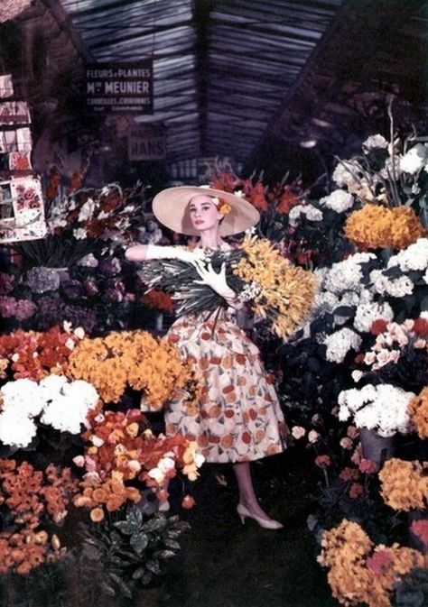 Audrey Hepburn in floral dress surrounded by flowers... Audrey Hepburn Givenchy, Audrey Hepburn Funny Face, Audrey Hepburn Costume, Audrey Hepburn Outfit, Audrey Hepburn Dress, Audrey Hepburn Style, Fred Astaire, Funny Face, Old Movies