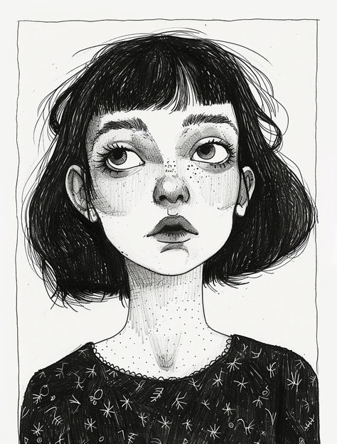 Portrait of a teen girl. Black and white line drawing. Teen Girl Black, Rough Drawing, Girl Black And White, Ink Portrait, White Line, Black And White Illustration, Art Practice, Illustration Sketches, Book Art Drawings