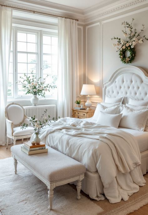 White Bedroom Ideas Romantic White Bedroom, Modern Luxury Bedroom White, Modern Antique Bedroom, White Chic Bedroom, White Victorian Bedroom, Antique White Bedroom, Elegant White Bedroom, White Guest Bedroom, Vintage White Bedroom