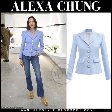 Alexa Chung in alessandra rich powder blue boucle jacket and jeans november 3 Alexa Chung Style, Gucci Sandals, Alessandra Rich, Boucle Jacket, Granny Chic, White Living, November 3, Gold Sandals, Alexa Chung