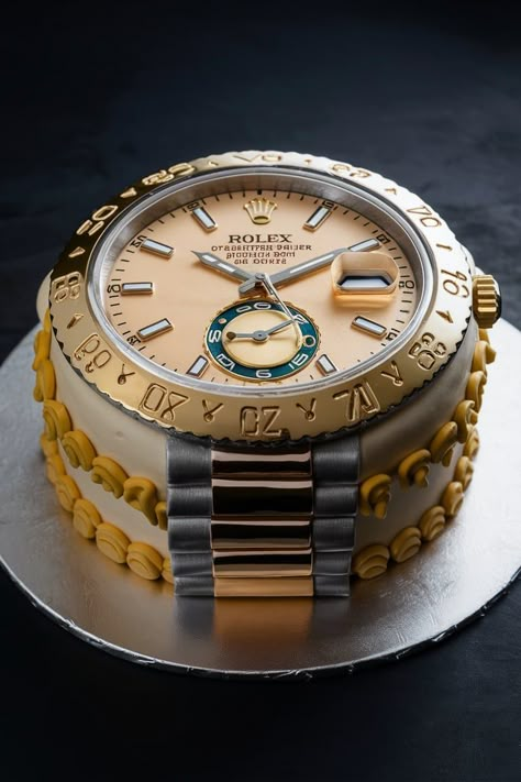 This Rolex-inspired cake is the epitome of luxury and attention to detail, making it the perfect addition to any sophisticated birthday celebration. With elements that mimic the iconic features of a Rolex. It's an ideal choice for someone who appreciates the craftsmanship of luxury watches #rolexcake #cakeideas #birthdaycake #luxurycake #designercake #celebrationcake #cakeinspiration #cakedecorating #baking #sweetreats Cake Ideas For 26th Birthday, Luxury Cake For Men, Gimtadienio Sveikinimai, Happy Birthday Luxury, 25th Bday Cake, Luxury Cake Design, Rolex Cake, 27 Birthday Ideas, Cake Samples