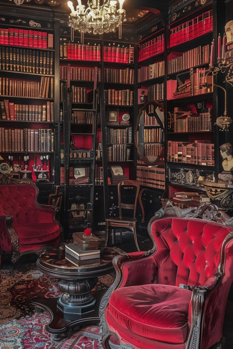 "Fantasy Red Vintage Library" Step into the book lover's world of dark academia. This library of knowledge is draped in a vintage aesthetic, with rooms bathed in dark amber and crimson red. Each corner of this library is a whisper from the past, where old books with rich tales awaits. #VintageElegance #GothicLibrary #DarkAesthetics #bookish #bookloveraesthetic Old Gothic Library, Dark Purple Library Aesthetic, Red Library Aesthetic, 1920s Library, Red Dark Academia Aesthetic, Red Steampunk Aesthetic, Victorian Academia Aesthetic, Red Buildings Aesthetic, Old Red Aesthetic