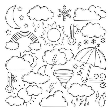 Rain Doodle, Weather Doodles, Travel Doodle, Kawaii Weather, Weather Weather, Coloring Pages For Preschool, Travel Doodles, Weather Icon, Bullet Journal Banner