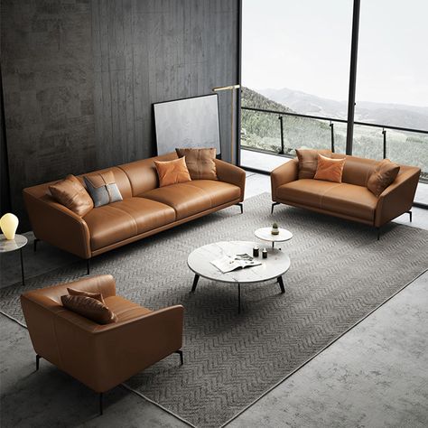 Brown Sofa Set, Wayfair Living Room, Top Grain Leather Sofa, 3 Piece Living Room Set, Leather Sofa Living Room, Luxury Furniture Living Room, Leather Sofa Set, Sofa Set Designs, Office Furniture Modern