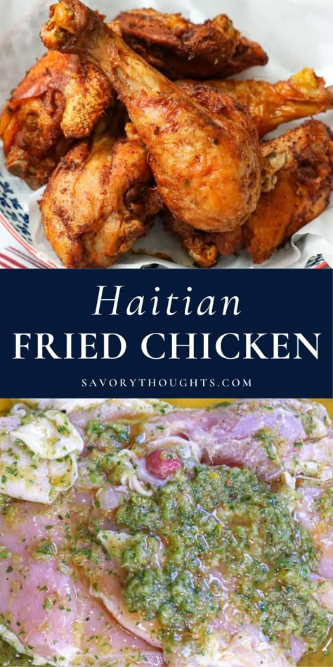 Haitian Fried Chicken in a sauce. Cuban Fried Chicken, Lemon Tea Fried Chicken, Puerto Rican Chicken Wings, Haitian Food Recipes Chicken, Haitian Fried Fish, Jamaican Entrees, Haitian Fried Chicken, Haitian Chicken In Sauce, Haitian Chicken Recipe