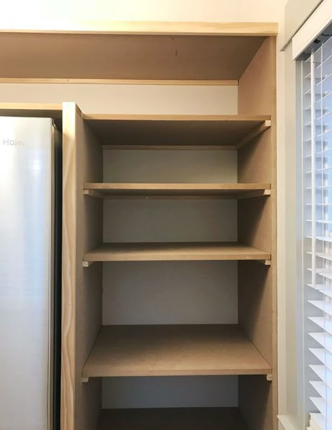 Learn how we constructed DIY pantry shelves in our beach house using a simple construction technique and just two materials: MDF panels and 1x2" boards. Build Pantry Shelves, Build Pantry, Diy Pantry Cabinet, Diy Pantry Shelves, Building Cabinets, Small Kitchen Pantry, Diy Pantry Organization, Diy Storage Shelves, Kitchen Pantry Ideas