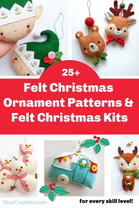 Felt Christmas Ornament Patterns And Kits For All Skill Levels - Dear Creatives Felt Ornament Patterns, Felt Christmas Ornament Patterns, Felt Patterns Free, Pinterest Christmas Crafts, Christmas Deer Decorations, Diy Felt Christmas Ornaments, Felt Ornaments Patterns, Ornaments To Make, Happiness Is Homemade