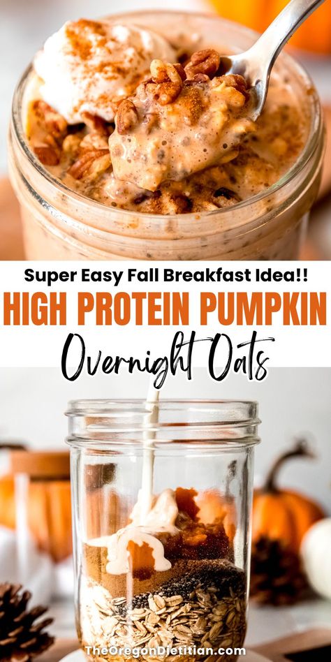 Craving a healthy fall breakfast idea that's quick & easy? These pumpkin overnight oats are packed with 27g of protein per serving, making them the perfect high-protein meal prep! Enjoy creamy oats mixed with pumpkin spice and chia seeds for a nutritious, filling start to your day. Ready in minutes, this recipe is ideal for busy mornings or post-workout fuel. Make a batch and have a week of delicious, protein-packed breakfasts ready! #easybreakfast #fallbreakfast Healthy Fall Breakfast, Creamy Oats, Overnight Oats Recipe Easy, Pumpkin Overnight Oats, Best Overnight Oats Recipe, Protein Oats, Chia Overnight Oats, Pumpkin Oats, Protein Overnight Oats