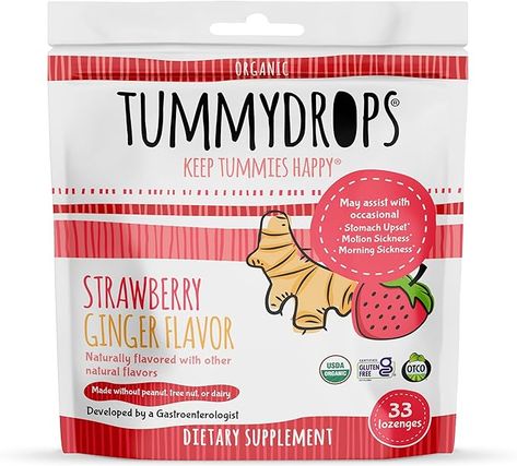 Amazon.com: USDA Organic Strawberry Ginger Tummydrops, Gluten Free & Vegan, 33 Individually Wrapped Organic Ginger Lozenges : Health & Household Nervous Stomach, Ginger Extract, Motion Sickness, Happy May, Upset Stomach, Natural Branding, Morning Sickness, Peppermint Oil, Diet Supplements