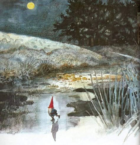 First Skater 1980 Rien Poortvliet (1932-1995) Dutch No fancy clothes, no ice dance moves, no one cheering him on. This sweet little chap is enjoying skating on a quiet lake by himself. He's one of the artist's Four Seasons gnomes and appears on vintage plates and gnome books. Dutch Painters, Fairytale Art, Arte Fantasy, Winter Art, 판타지 아트, Fairy Houses, Malbec, Whimsical Art, Yule