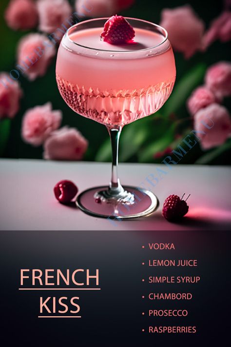 Signature Martini Cocktails, Bar Menu Food Ideas, Red Queen Cocktail, French Kiss Drink, Happy Hour Drink Ideas, French Kiss Drink Cocktail Recipes, Drink Recipes Alcoholic Vodka, French Drinks Cocktails, Themed Cocktails Recipes