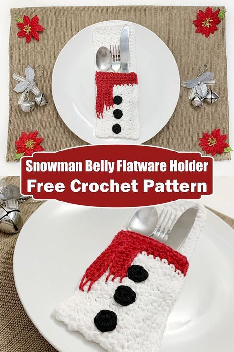 Crochet Christmas Utensil Holder, Crochet Utensil Holder, Crochet Cutlery Holder, Crotching Ideas, Crochet Christmas Ideas, Snowman Patterns, Yarn Projects Crochet, Christmas Cutlery, Crocheted Basket