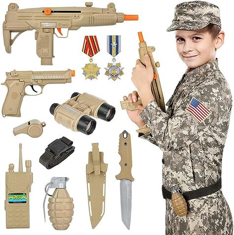 Deluxe Christmas Gift for Kids Boys Aged 3-12 COMPLETE KIDS ARMY SOLDIER COSTUME SET - GIFTINBOX Soldier dress-up role play set includes 1 camouflage uniform, 1 camouflage pants, 1 hat, 1 belt, 1 plastic dagger, 1 pair of binoculars, 1 walkie-talkie, 1 whistle, 1 plastic grenade, and 2 medals. PERFECT HALLOWEEN GIFT FOR KIDS AGED 3-12 Army Soldier Costume, Kids Halloween Costumes For Boys, Kids Army Costume, Halloween Costumes For Boys, Fancy Dress Competition, Kids Army, Army Costume, Camouflage Uniform, Pretend Play Costumes