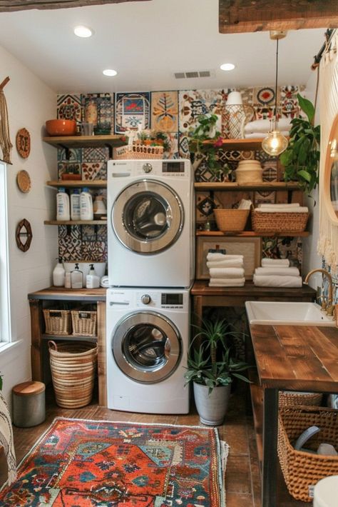 29 Stacked Laundry Room Ideas for Maximizing Your Space and Efficiency 15 Vintage Eclectic Laundry Room, Boho Utility Room, Whimsical Home Decor Bohemian Style, Tiny Home Boho Decor, Boho Whimsical Decor, Boho House Decor Ideas, Bohemian Cottage Decor, Tiny Home Laundry Room, Whimsigoth Laundry Room